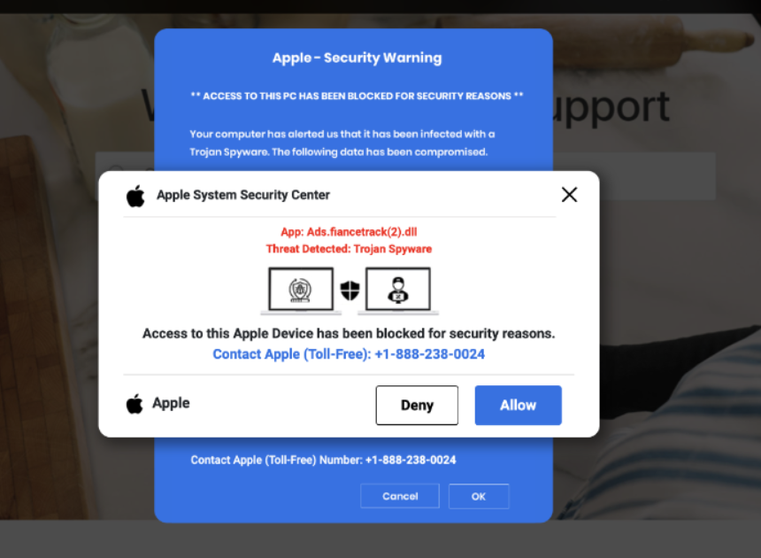 Security support scam website impersonating Apple.